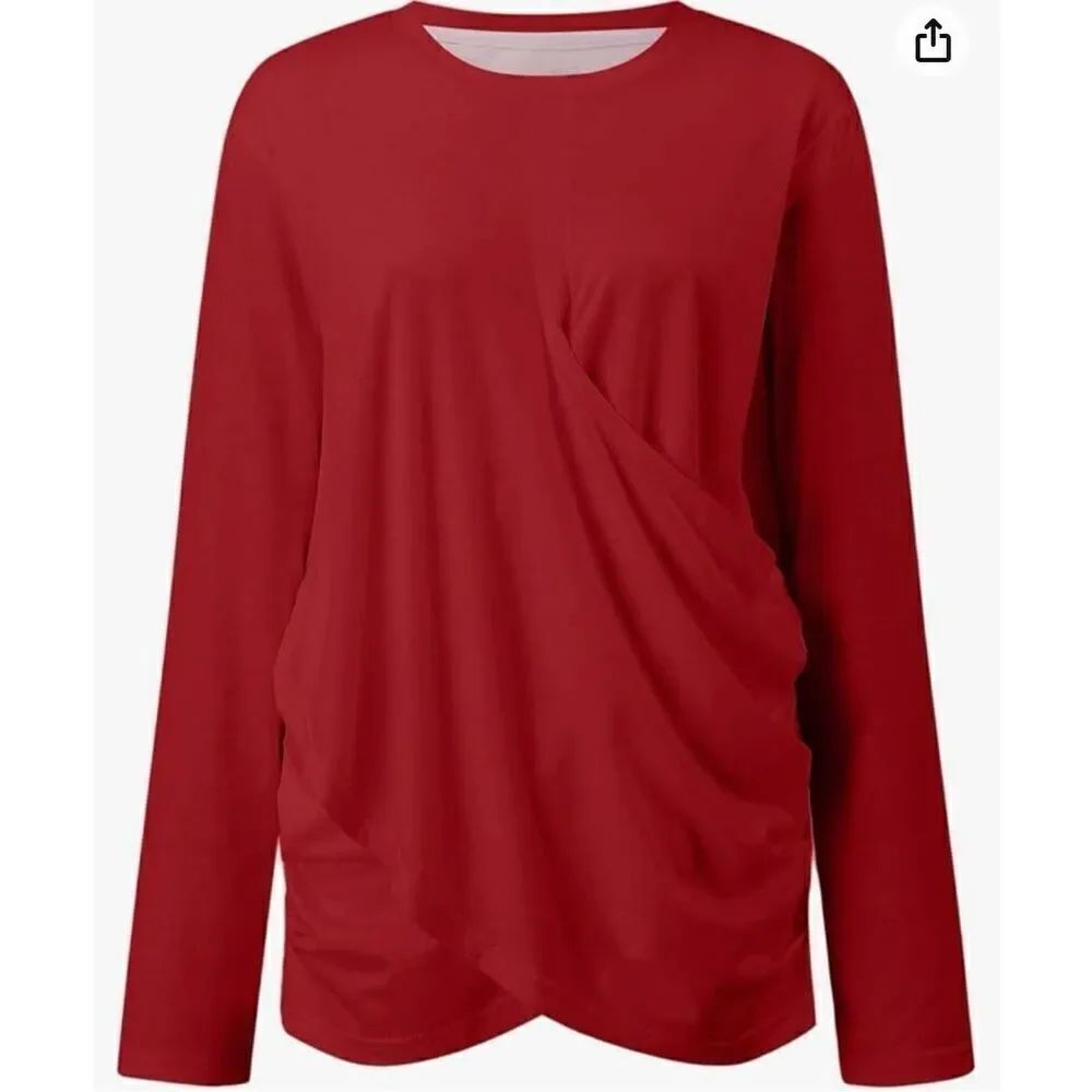 Boutique Red Long Sleeve Cross Front Pleated Hem Smocked Waist Shirt Large